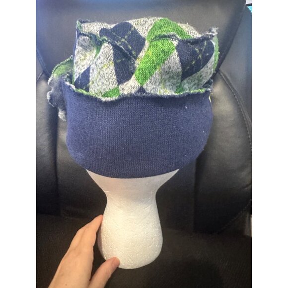 Unique Argyle Pattern Cloche Hat With Floral Accent Blue & Green - Picture 6 of 7